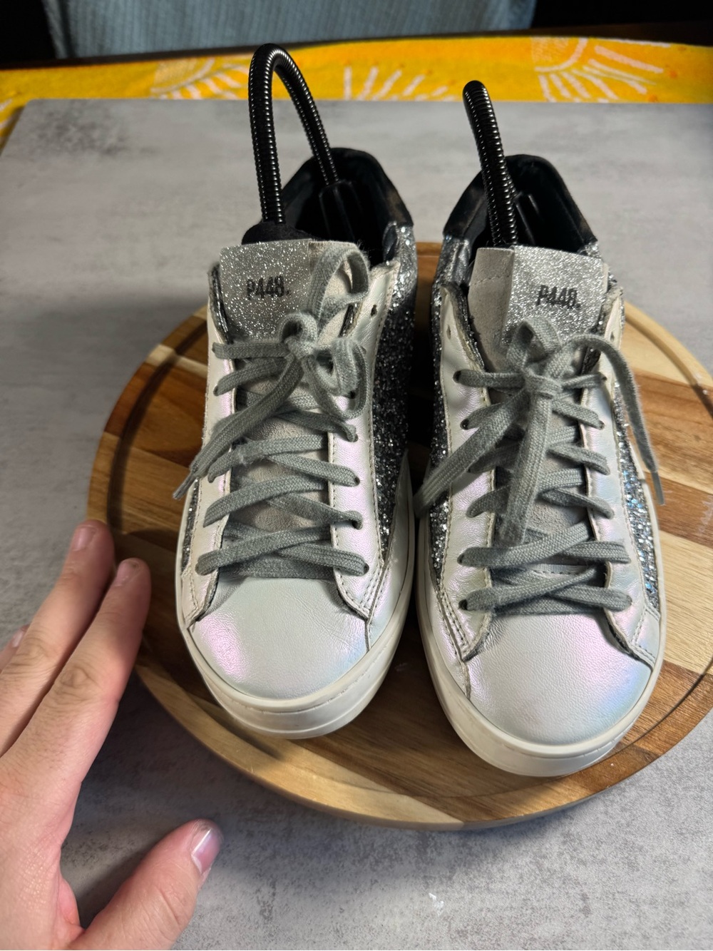P448 John Leather Low Top Sneakers Made in Italy Glitter Gray Size 37 US 6.5 - Picture 2 of 7